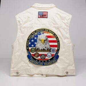 White Military Vet Patriotic Vest Size 3XL Eagle Flag Patchwork Denim Look